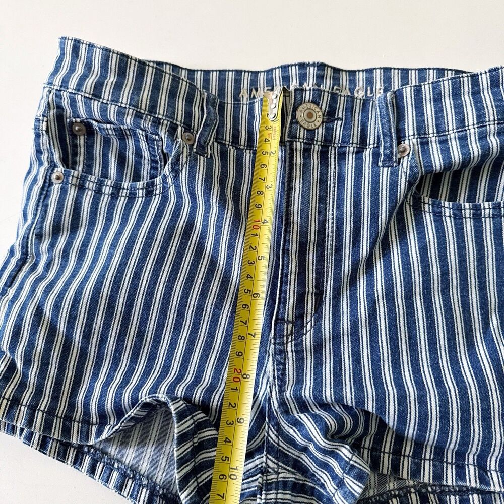 American Eagle 10 Hi-Rise Shortie Blue Stripe Denim Shorts Next Level Stretch - Picture 6 of 13